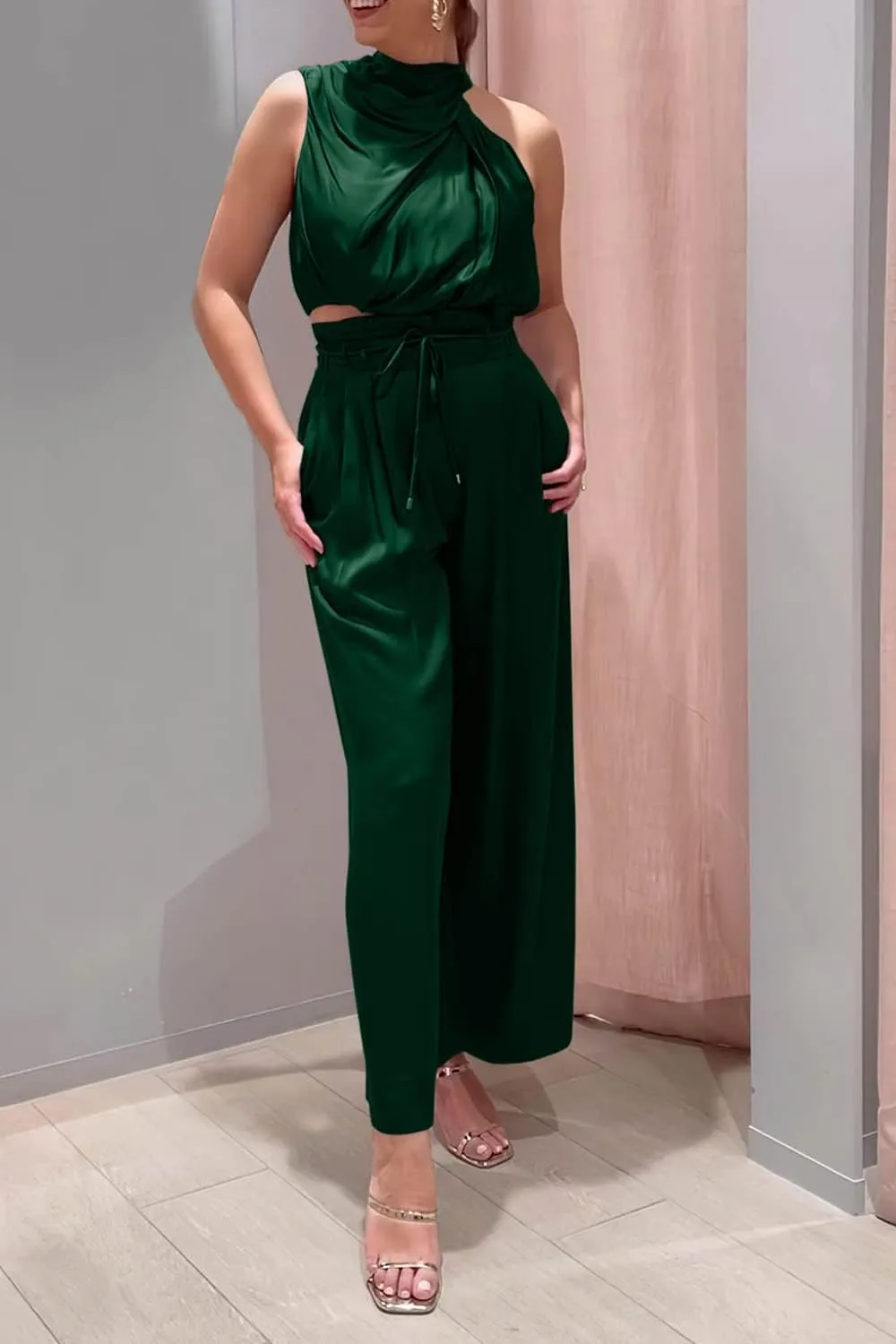 PRETTYGARDEN Women's 2 Piece Outfits 2025 Summer Casual Sleeveless Mock Neck Crop Tops Wide Leg Pants Set