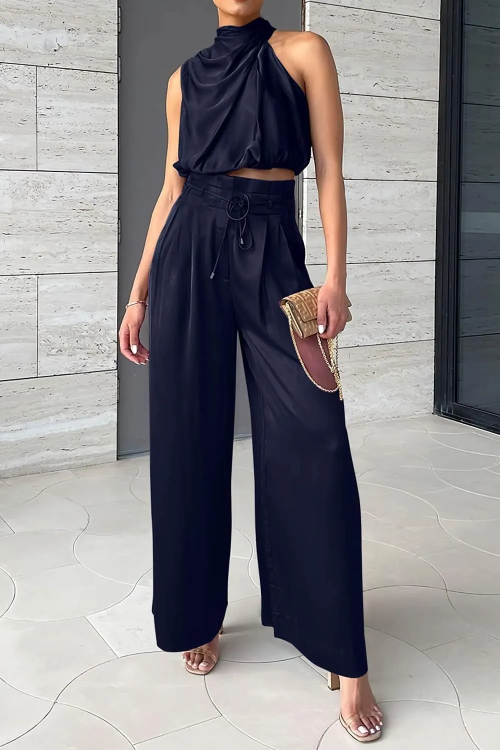 PRETTYGARDEN Women's 2 Piece Outfits 2025 Summer Casual Sleeveless Mock Neck Crop Tops Wide Leg Pants Set