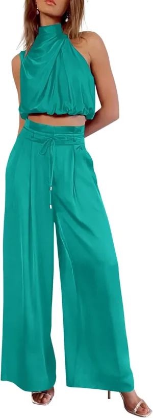 PRETTYGARDEN Women's 2 Piece Outfits 2025 Summer Casual Sleeveless Mock Neck Crop Tops Wide Leg Pants Set
