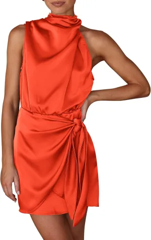 PRETTYGARDEN Women's Short Formal Satin Dress Summer Sleeveless Mock Neck Tie Waist Cocktail Party Dresses