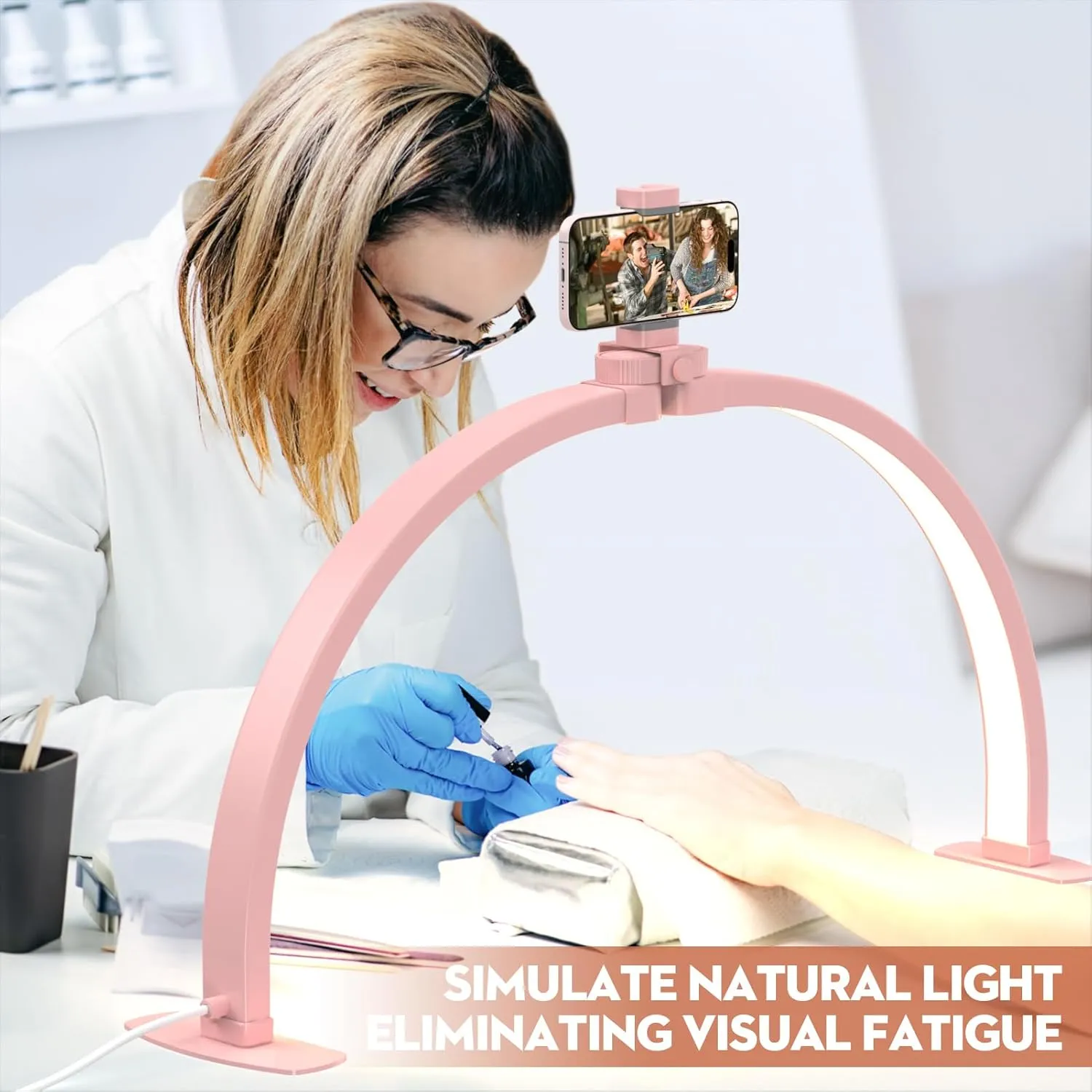 Professional Large Half Moon LED Light for Nail Desk with Phone Holder for Nail Lamp, Foldable Arch Light for Nail Techs Perfect for Manicure Handicraft Lighting (Pink, Large)
