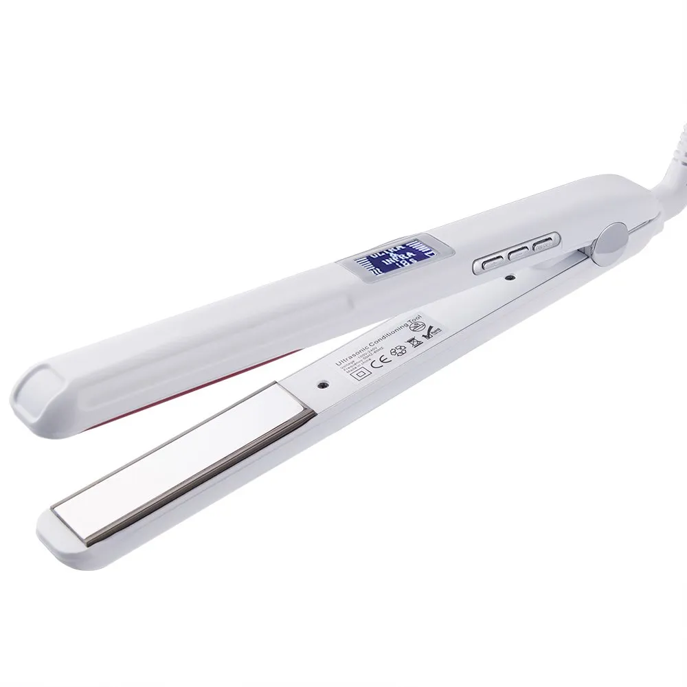 Professional Ultrasonic Infrared Hair Straightener Cold Flat Iron, Professionally Repair Damaged Hair and Restore Hair Shine, Not Heat Up with LCD Display, Dual Voltage, White
