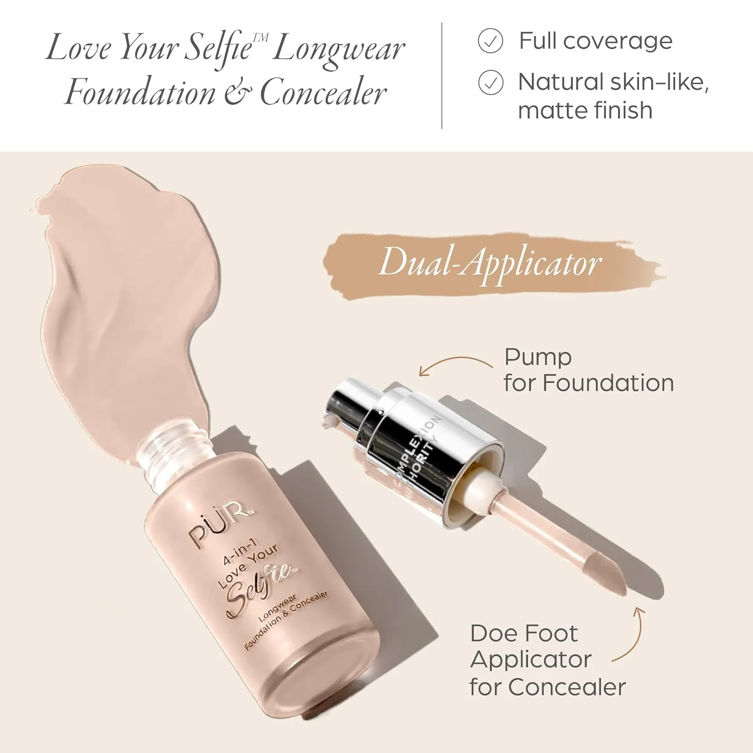 PUR Beauty 4-in-1 Love Your Selfie Foundation & Concealer - Longwear Full Coverage Liquid Makeup Foundation with Hydrating Blend for Refined-Looking, Natural Beauty Glow, Skin Texture & Tone