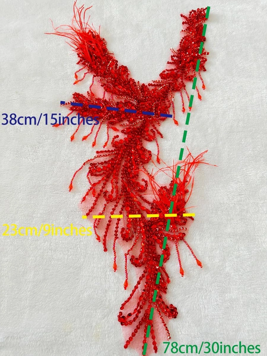 Pure Handmade Rhinestones Beads Applique sew on Crystal Sequins lace Trim Patches Ostrich Feather Accessories for Dress Clothing Shiny Bead Decorative Material 15X9X30inches (Red)