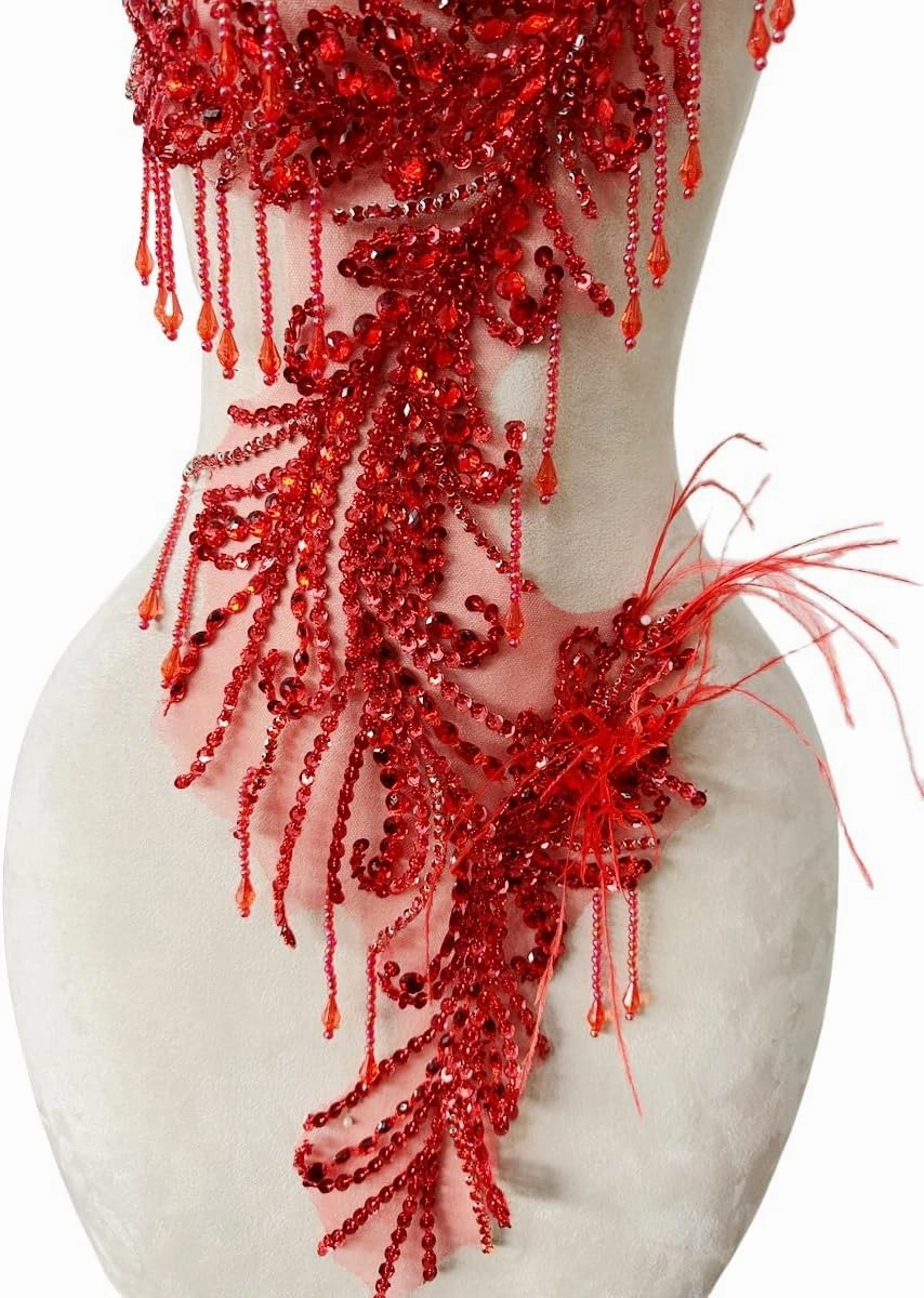Pure Handmade Rhinestones Beads Applique sew on Crystal Sequins lace Trim Patches Ostrich Feather Accessories for Dress Clothing Shiny Bead Decorative Material 15X9X30inches (Red)