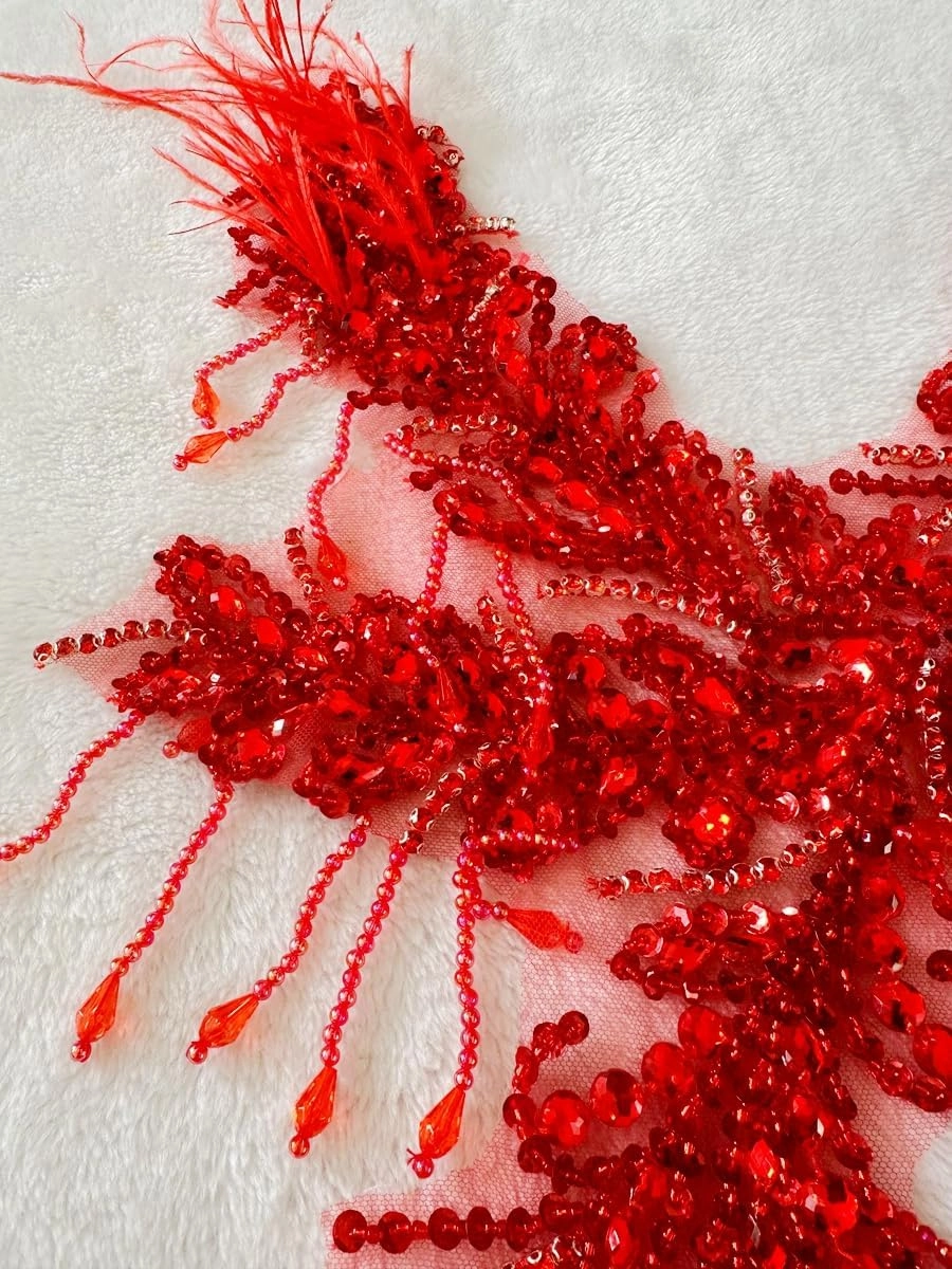 Pure Handmade Rhinestones Beads Applique sew on Crystal Sequins lace Trim Patches Ostrich Feather Accessories for Dress Clothing Shiny Bead Decorative Material 15X9X30inches (Red)