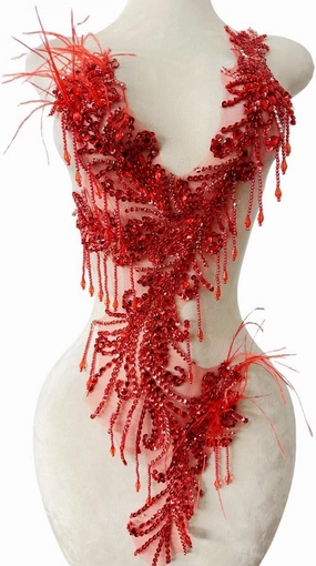 Pure Handmade Rhinestones Beads Applique sew on Crystal Sequins lace Trim Patches Ostrich Feather Accessories for Dress Clothing Shiny Bead Decorative Material 15X9X30inches (Red)