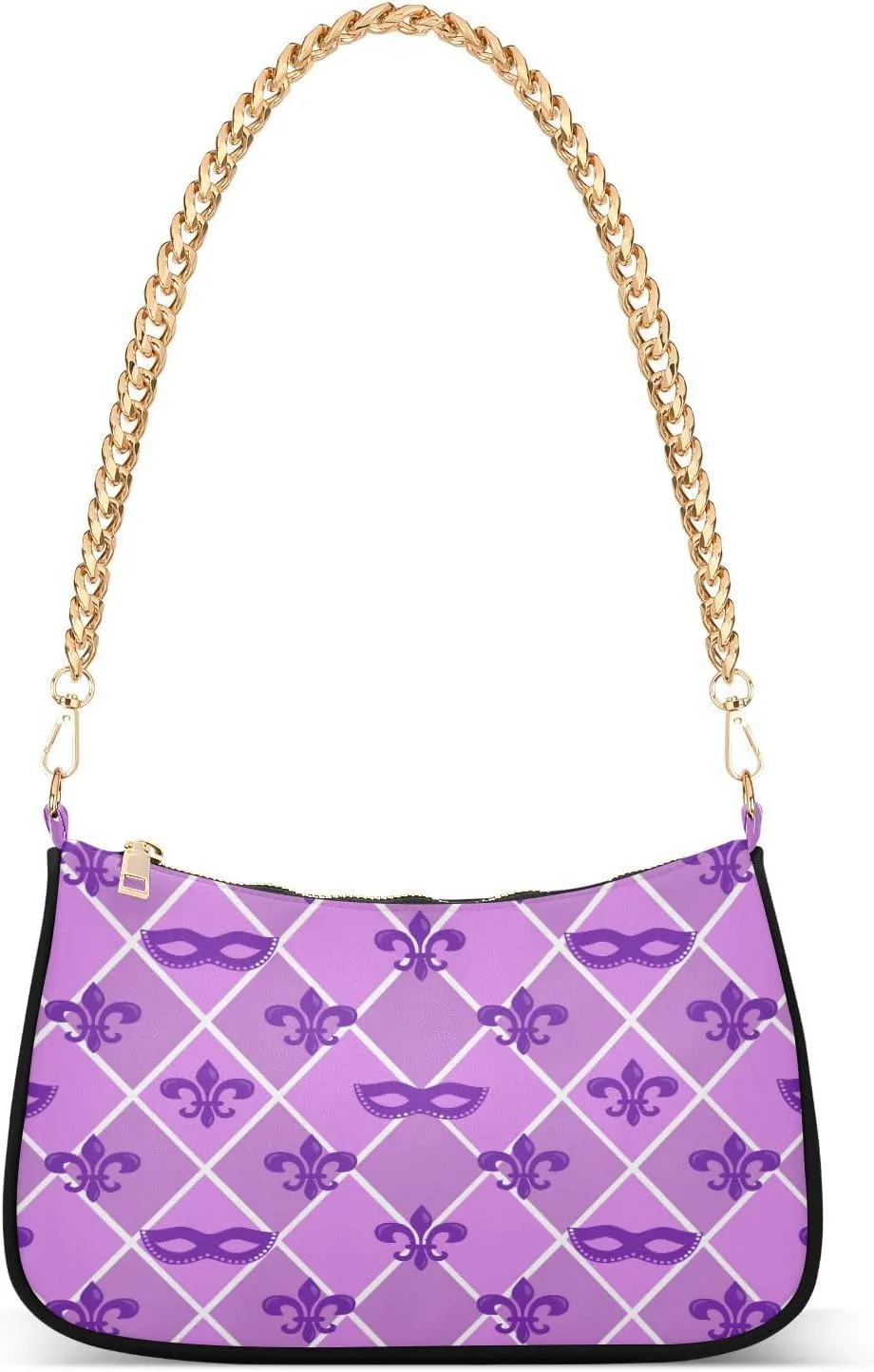 Purple Carnival Masks Plaid Womens Shoulder Bag for Women Girls Hobo Tote Handbag Gold Chain Crossbody Bag with Zipper Clutch Purse Handbags