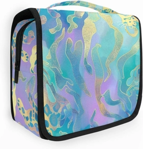 Purple Golden Cleetah Prints Cosmetics Bag with hanging hook Lightweight Capacity Travel Cosmetic Bag with Compartments & Handle