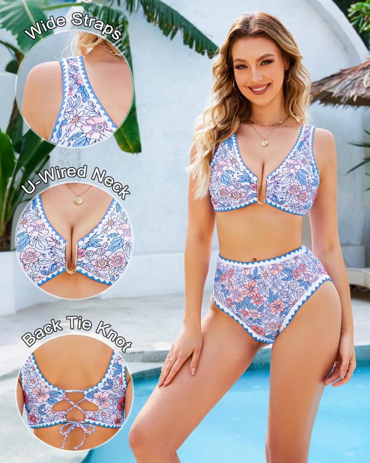 Push Up Bikini Top for Women U Wired Wide Straps Swimsuit Tops Scoop Neck Padded Lace Up Back Bathing Suit Top Only