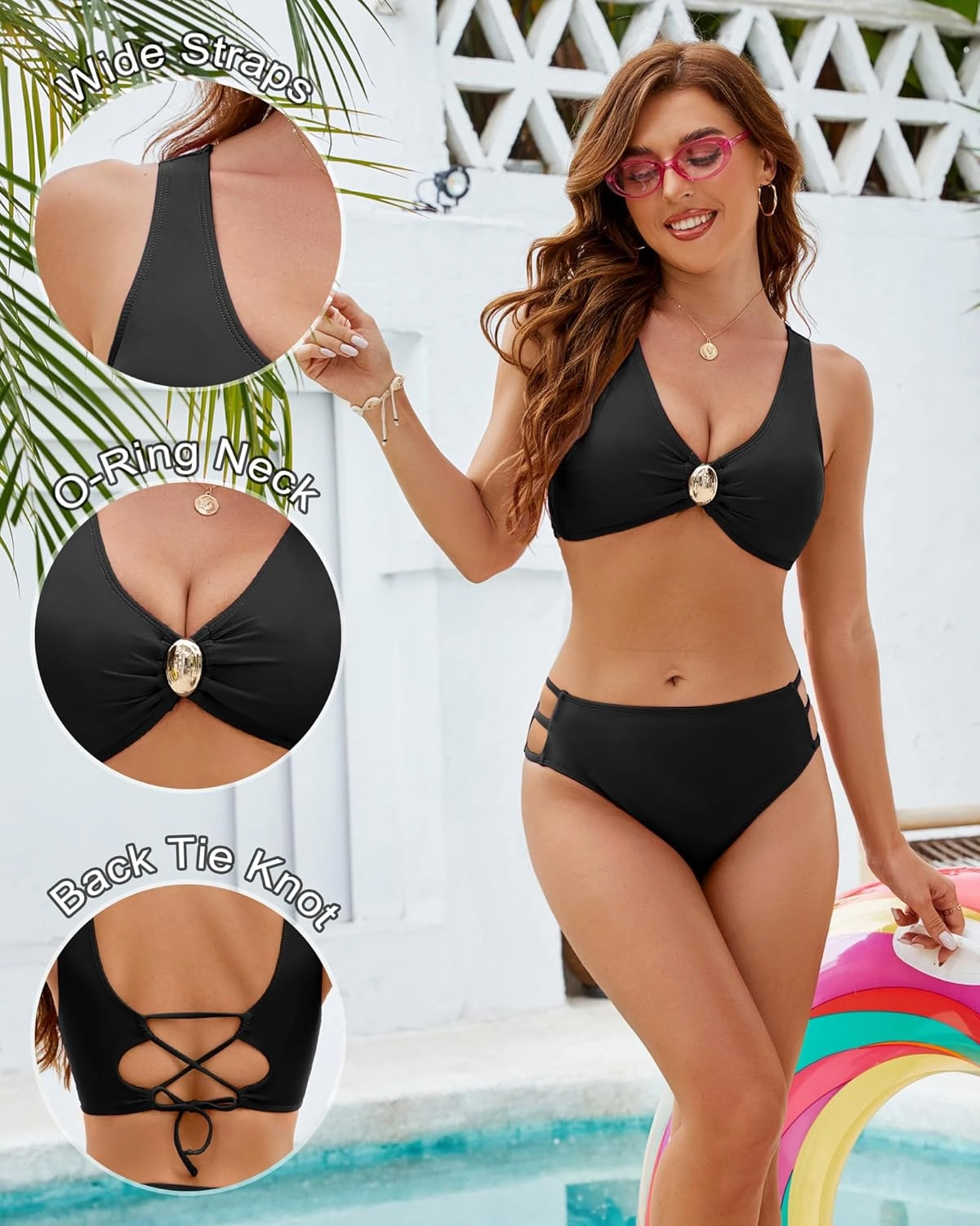 Push Up Bikini Top for Women U Wired Wide Straps Swimsuit Tops Scoop Neck Padded Lace Up Back Bathing Suit Top Only
