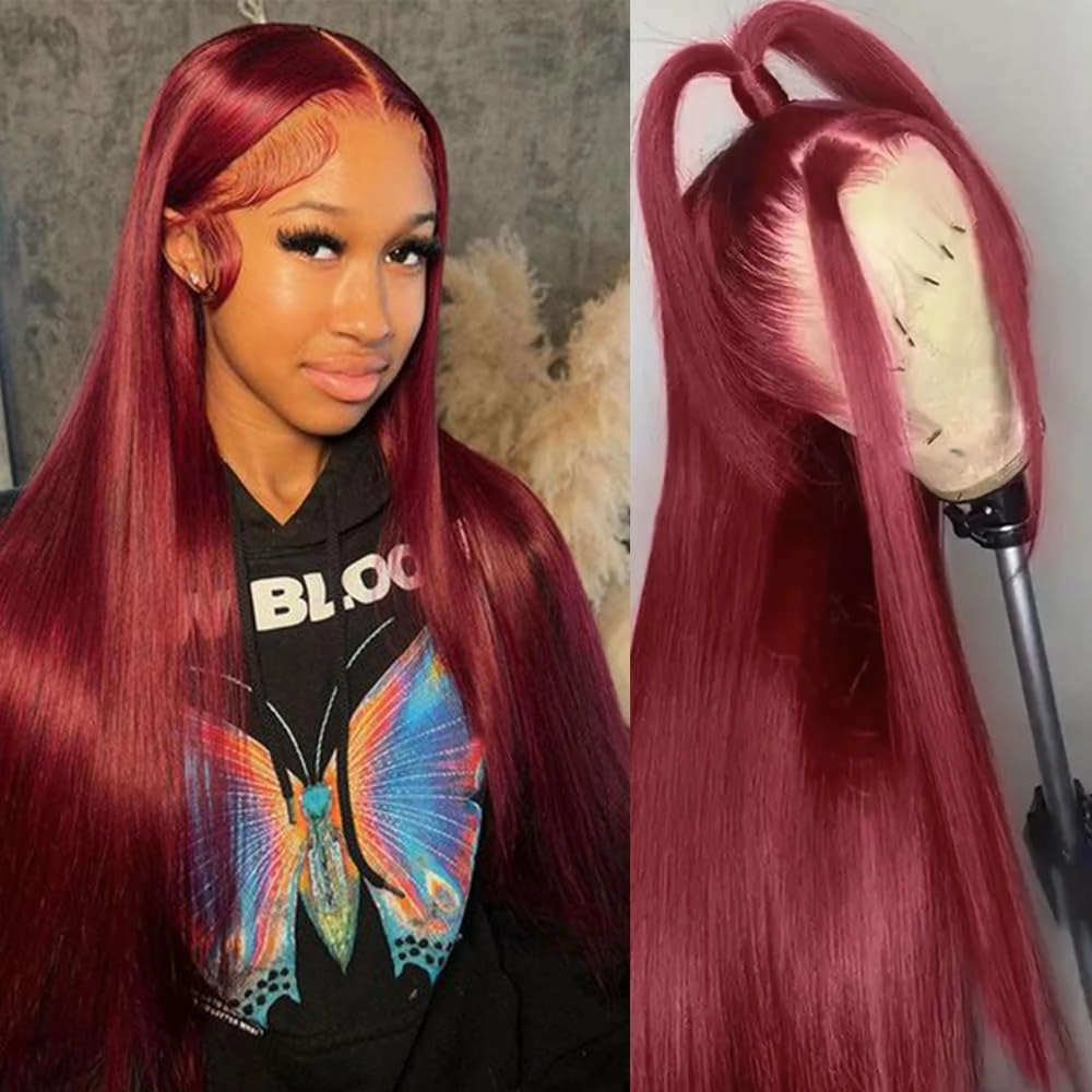 QD-Tizer 13x6 Glueless Wine Red Color Synthetic Lace Front Wigs Burgundy Long Straight Hair Wigs for Women Glueless HD Lace Front Wig For Cosplay Party