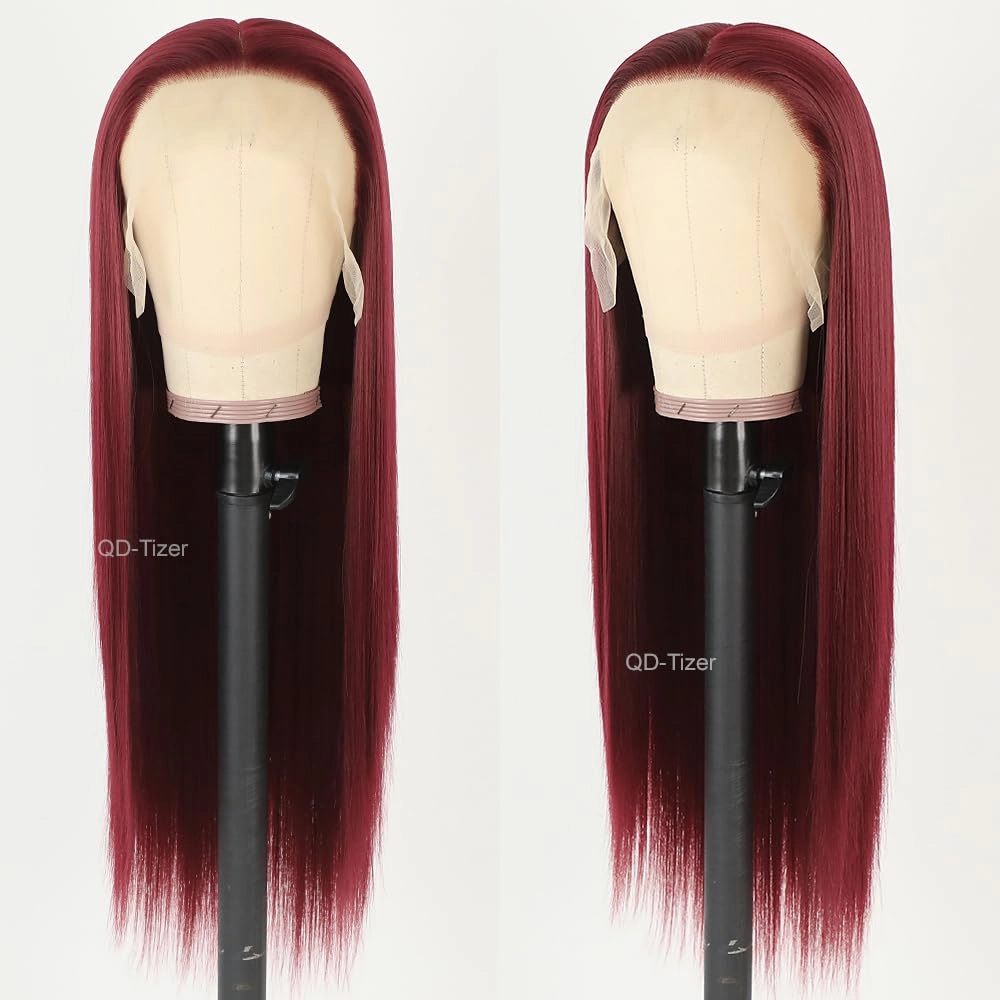 QD-Tizer 13x6 Glueless Wine Red Color Synthetic Lace Front Wigs Burgundy Long Straight Hair Wigs for Women Glueless HD Lace Front Wig For Cosplay Party