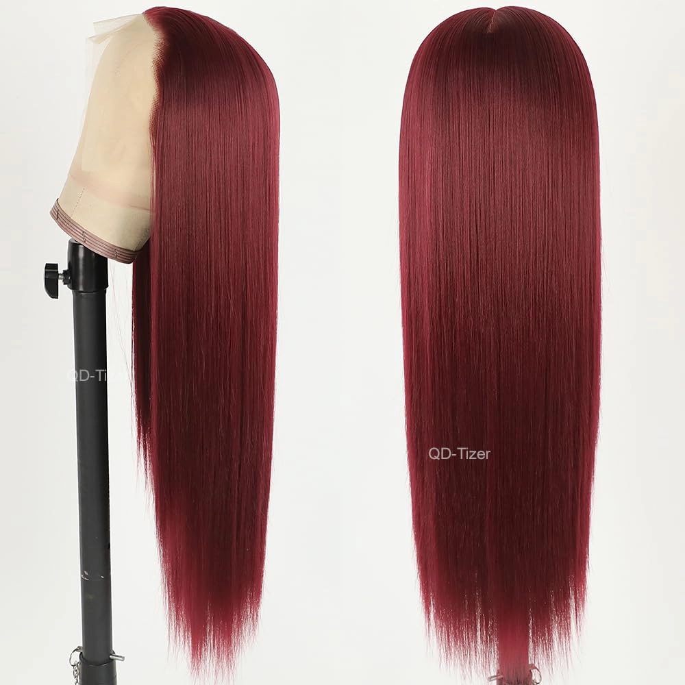 QD-Tizer 13x6 Glueless Wine Red Color Synthetic Lace Front Wigs Burgundy Long Straight Hair Wigs for Women Glueless HD Lace Front Wig For Cosplay Party