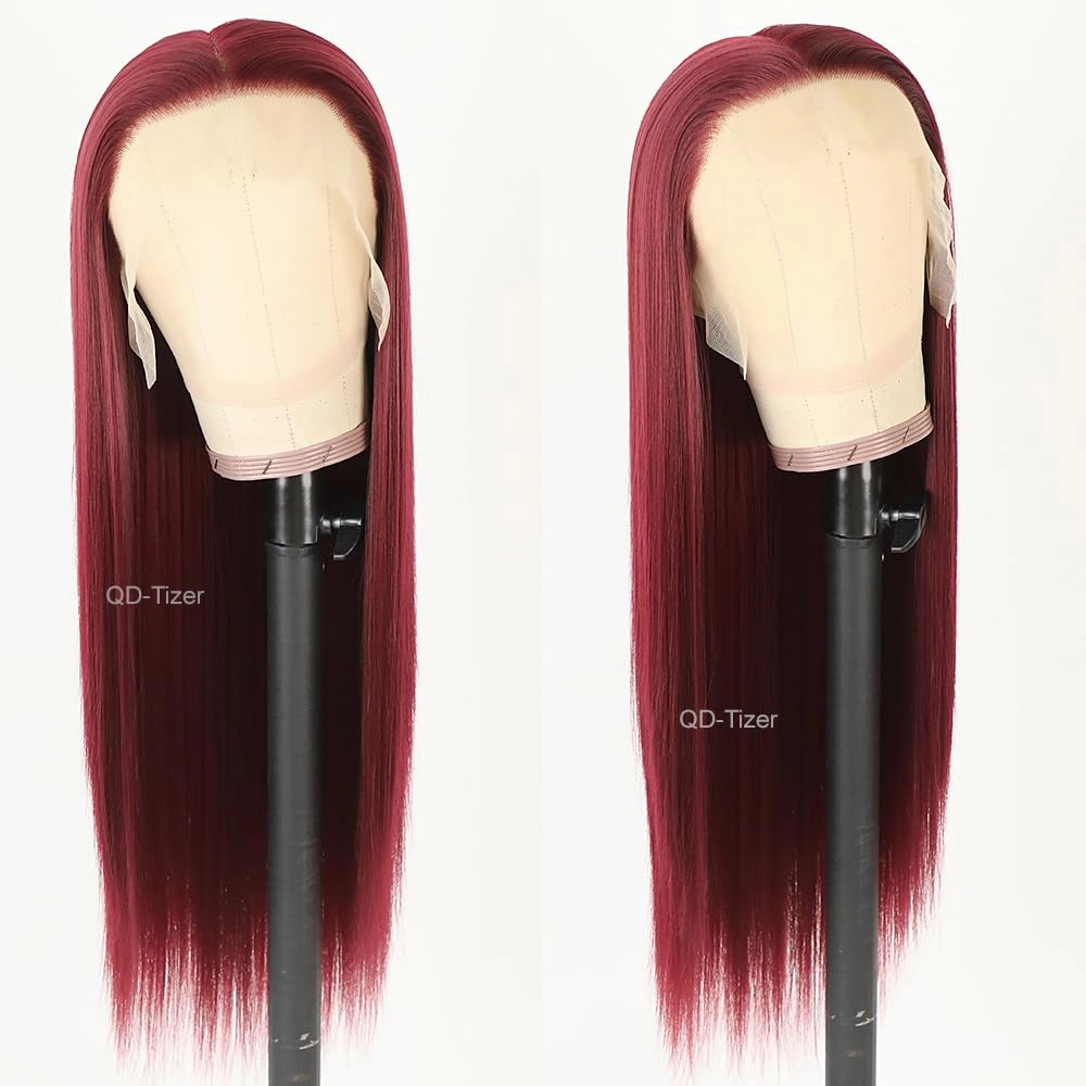 QD-Tizer 13x6 Glueless Wine Red Color Synthetic Lace Front Wigs Burgundy Long Straight Hair Wigs for Women Glueless HD Lace Front Wig For Cosplay Party