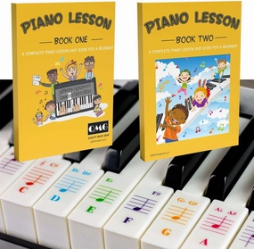 QMG Color Piano and Keyboard Stickers and Complete Color Note Piano Music Lesson and Guide Book 1 and Book 2 for Kids and Beginners; Designed and Printed in USA
