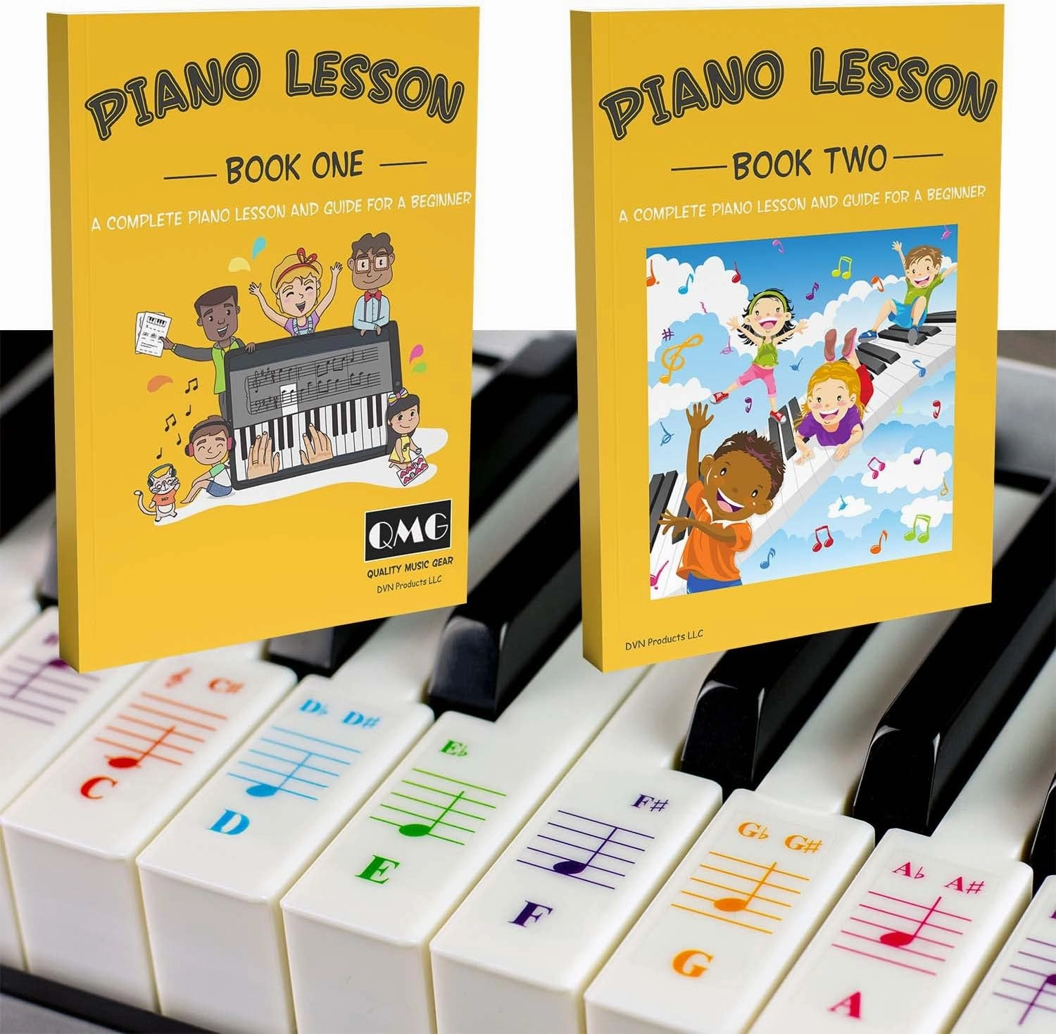 QMG Color Piano and Keyboard Stickers and Complete Color Note Piano Music Lesson and Guide Book 1 and Book 2 for Kids and Beginners; Designed and Printed in USA