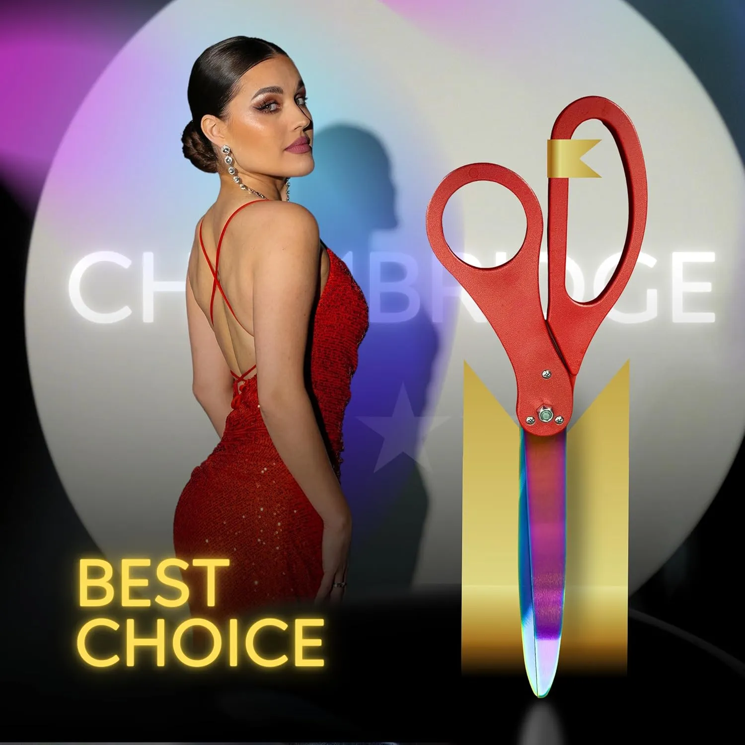 RED Ribbon Cutting Ceremony Kit – 25 Inch Red Scissors for Grand Opening with Rainbow Blades and Red Ribbon Satin for Special Events and Business Openings