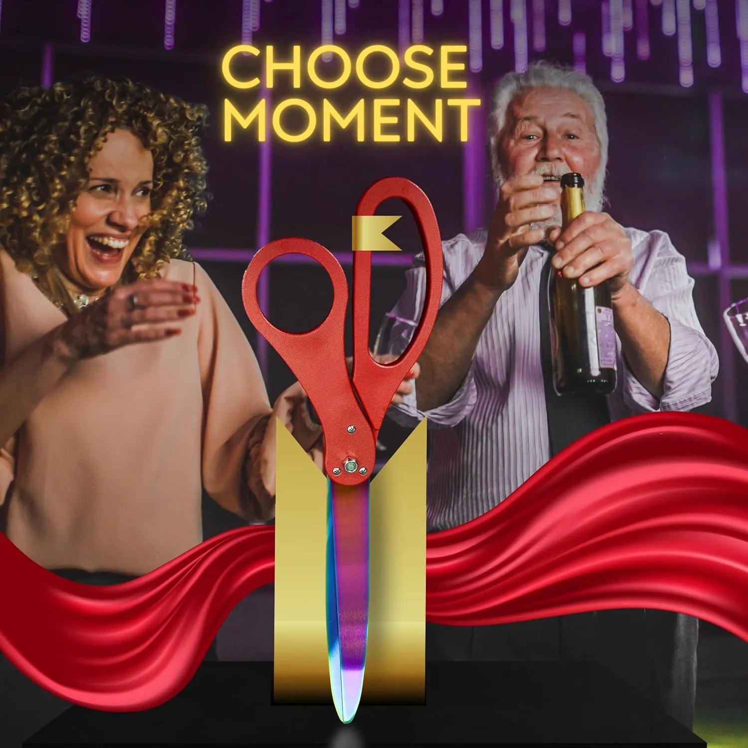 RED Ribbon Cutting Ceremony Kit – 25 Inch Red Scissors for Grand Opening with Rainbow Blades and Red Ribbon Satin for Special Events and Business Openings