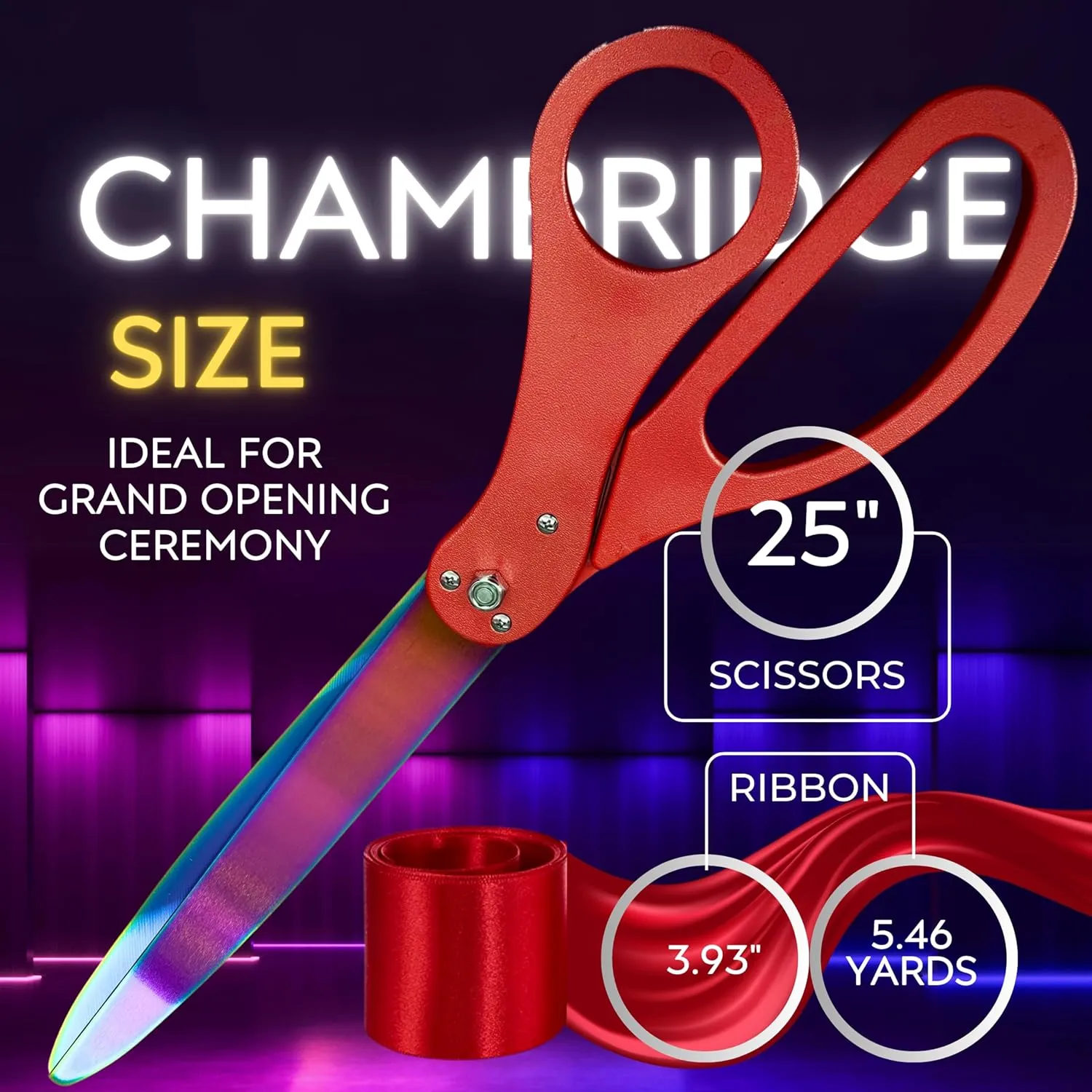 RED Ribbon Cutting Ceremony Kit – 25 Inch Red Scissors for Grand Opening with Rainbow Blades and Red Ribbon Satin for Special Events and Business Openings
