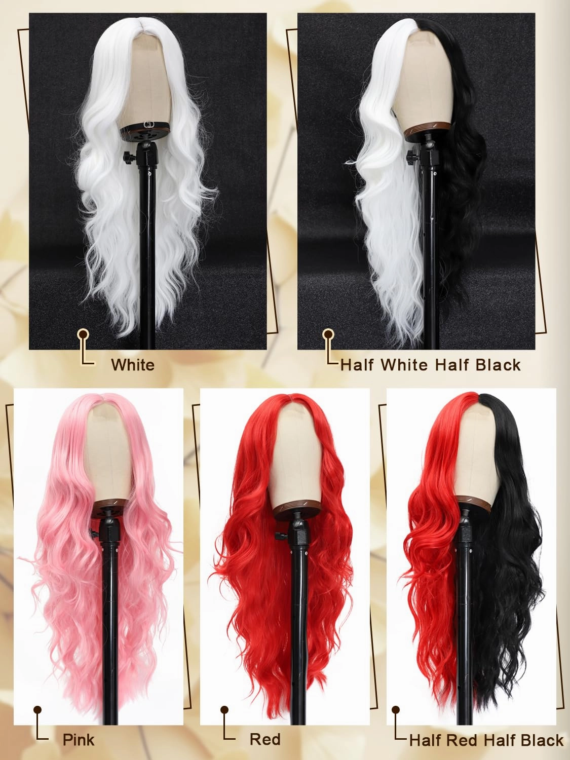Red and Black Wigs for Women 26 Inch Long Body Wave Costume Wigs Synthetic Middle Part Long Wavy Wig for Halloween Cosplay Party Use Half Red Half Black