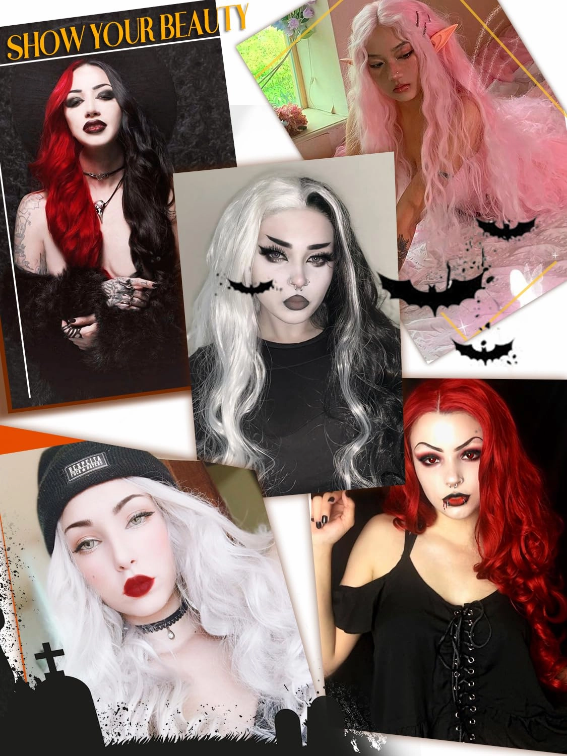 Red and Black Wigs for Women 26 Inch Long Body Wave Costume Wigs Synthetic Middle Part Long Wavy Wig for Halloween Cosplay Party Use Half Red Half Black