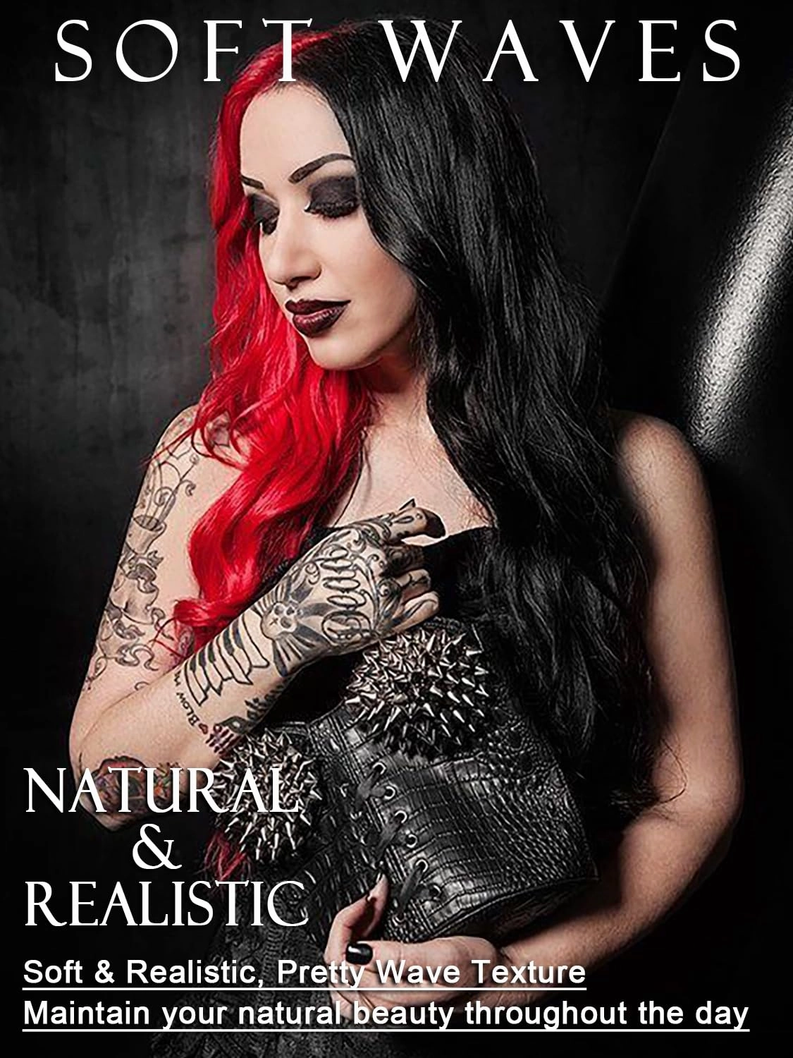 Red and Black Wigs for Women 26 Inch Long Body Wave Costume Wigs Synthetic Middle Part Long Wavy Wig for Halloween Cosplay Party Use Half Red Half Black