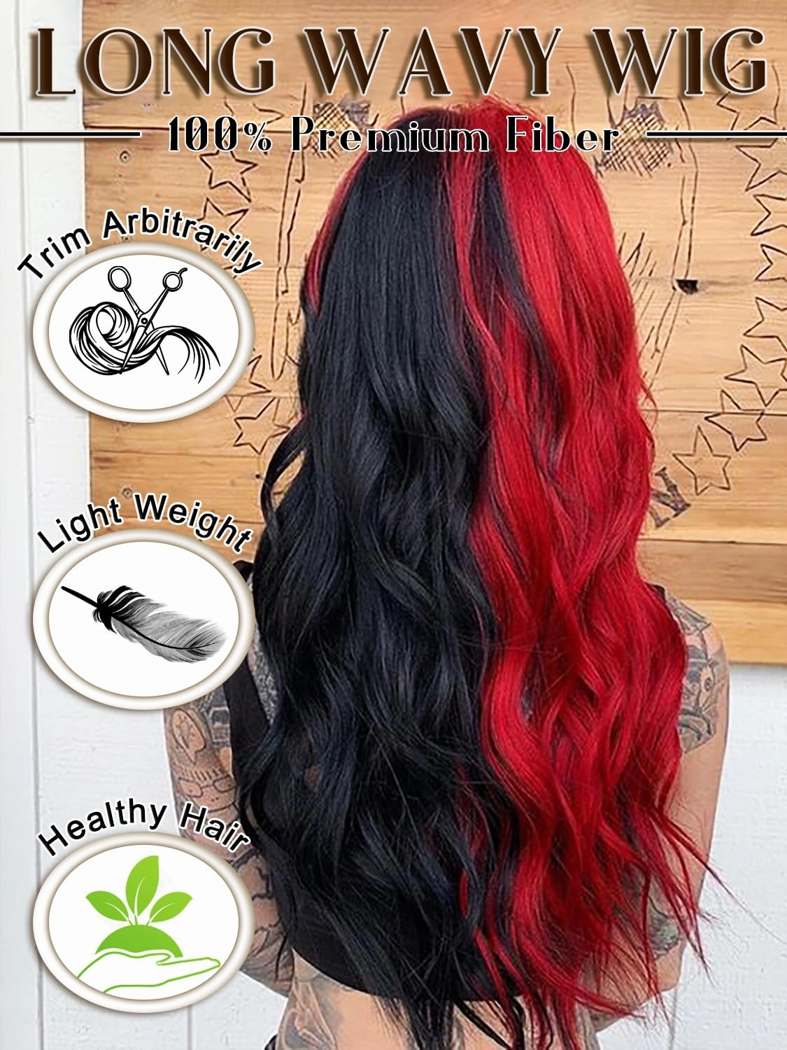 Red and Black Wigs for Women 26 Inch Long Body Wave Costume Wigs Synthetic Middle Part Long Wavy Wig for Halloween Cosplay Party Use Half Red Half Black