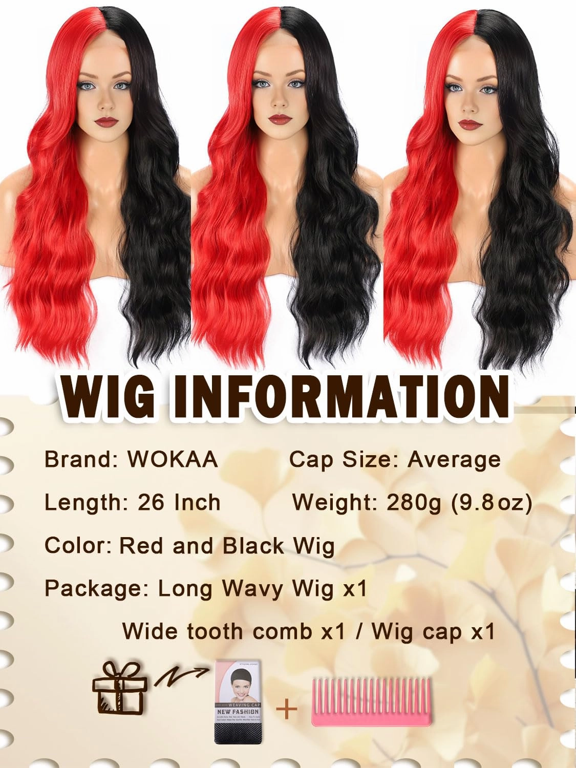 Red and Black Wigs for Women 26 Inch Long Body Wave Costume Wigs Synthetic Middle Part Long Wavy Wig for Halloween Cosplay Party Use Half Red Half Black