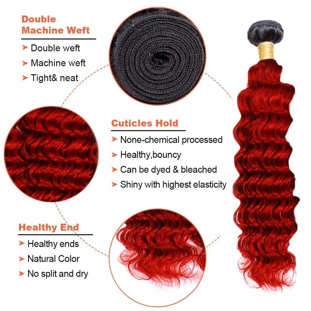 Red Bundles Human Hair 1B/Red Deep Wave 3 Bundles 8 10 12 inch Mixed Length Ombre Human Hair Bundle