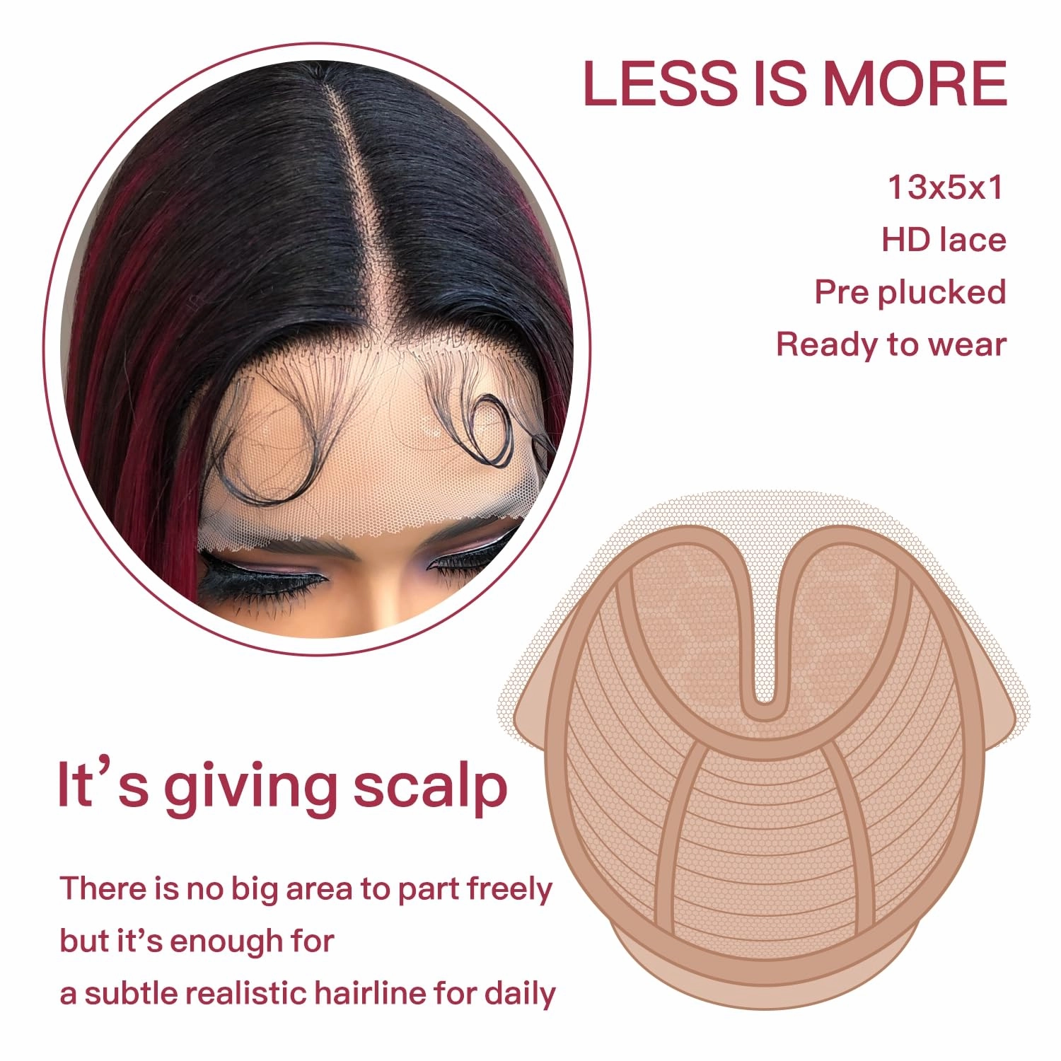Red Highlights Wig with Burgundy Balayage, Synthetic Lace Front Wig Ready to Wear, 26inch