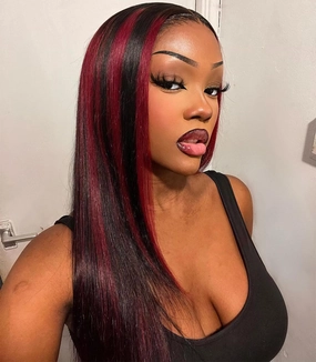 Red Highlights Wig with Burgundy Balayage, Synthetic Lace Front Wig Ready to Wear, 26inch