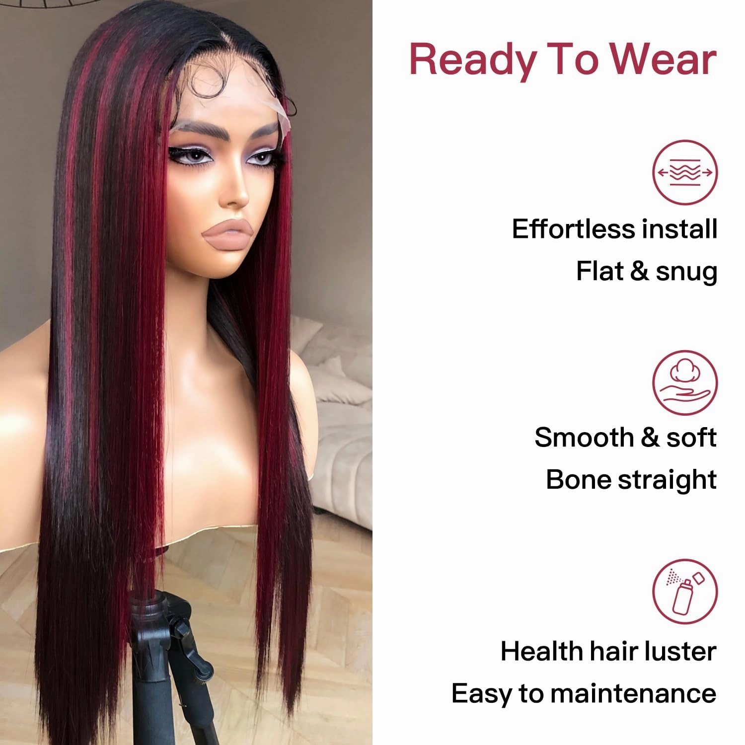 Red Highlights Wig with Burgundy Balayage, Synthetic Lace Front Wig Ready to Wear, 26inch