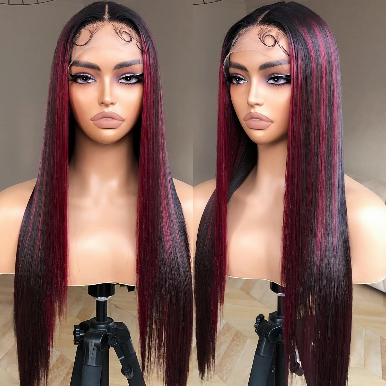 Red Highlights Wig with Burgundy Balayage, Synthetic Lace Front Wig Ready to Wear, 26inch