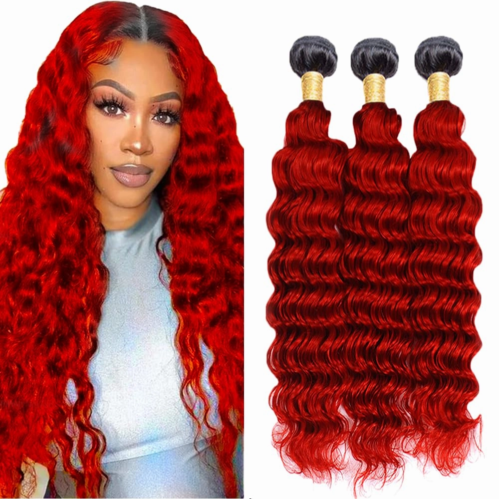 Red Human Hair Bundles 1B/Red Deep Wave 3 Bundles Human Hair 16 18 20 inch CnumGunm Unprocessed Brazilian Bright Red Color