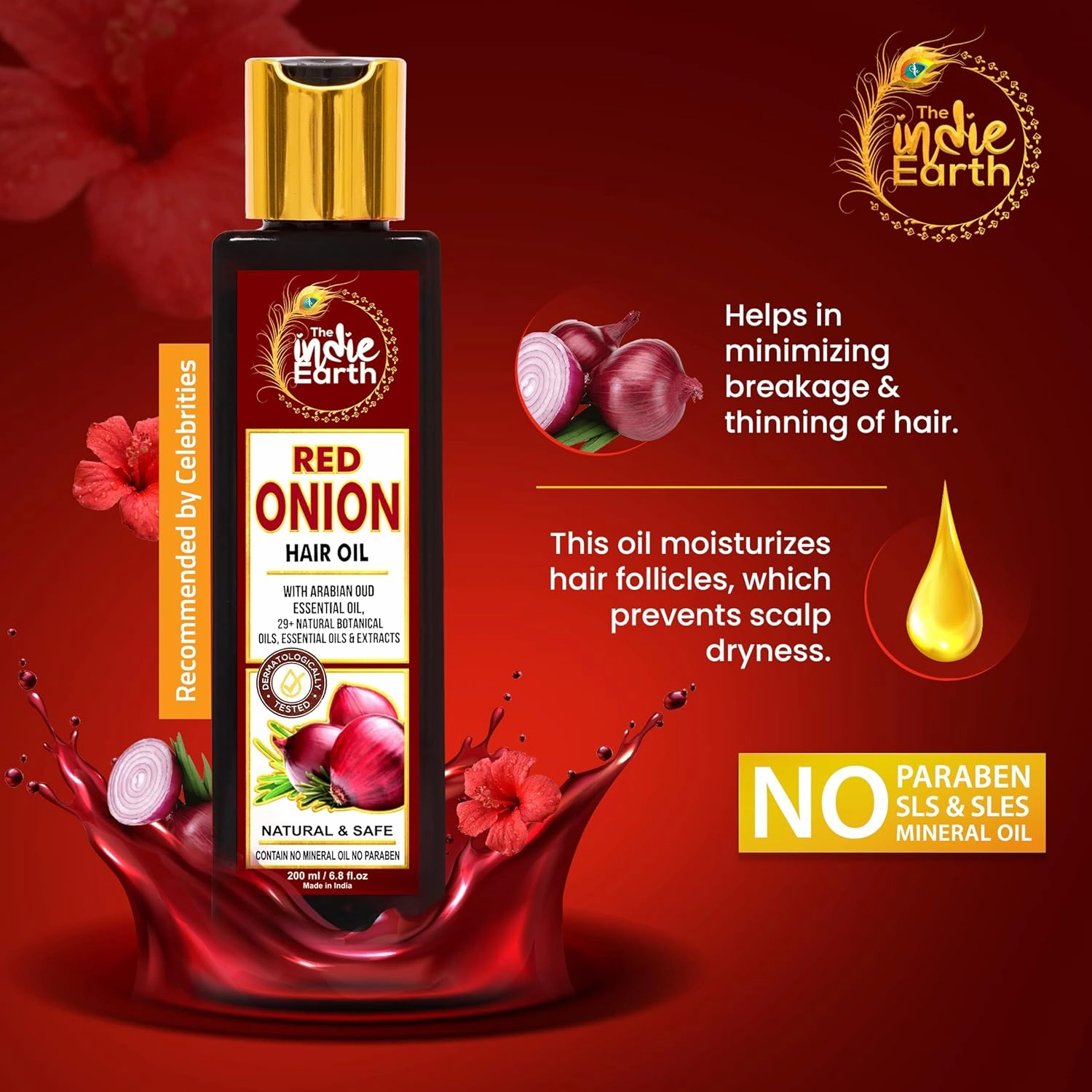 Red Onion Hair Growth Oil - Anti Hair Fall Enriched with 29  Natural Herbs, Extracts & Oils Including Argan, Jojoba, Rosemary & Black Seed - 200ml