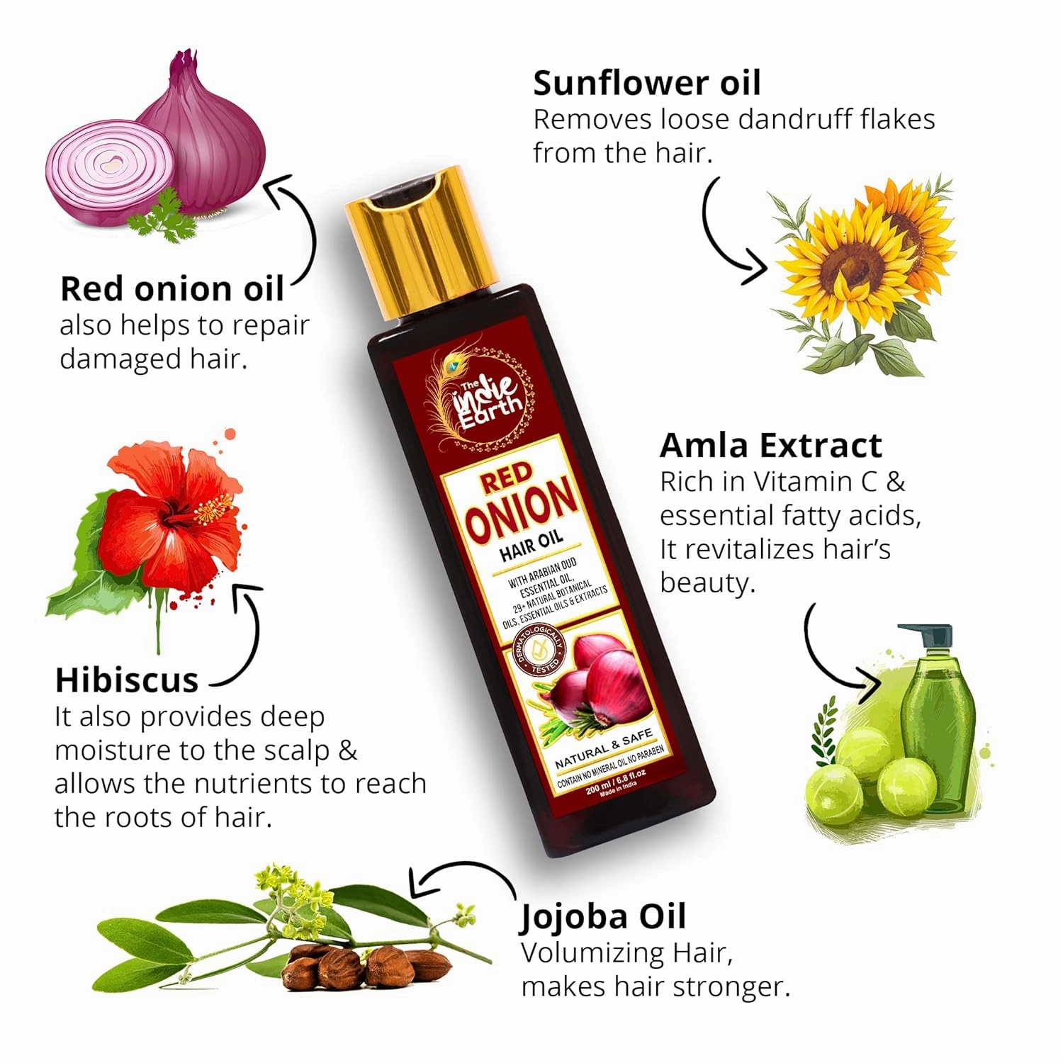 Red Onion Hair Growth Oil - Anti Hair Fall Enriched with 29  Natural Herbs, Extracts & Oils Including Argan, Jojoba, Rosemary & Black Seed - 200ml