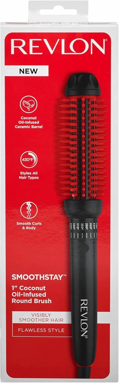 REVLON New and Improved SmoothStay Coconut Oil-Infused Heated Hair Styling Brush | 1” Barrel for Voluminous, Shiny Results (Black/Red)