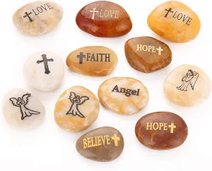 ROCKIMPACT 12PCS RockIpact Engraved Guardian Angel Stones Hope Love Faith Believe Inspiration Worry Healing Stones Novelty Serenity Prayer Rock, Pocket Sized Shiny Pebbles (Set of 12, Bulk Lot)