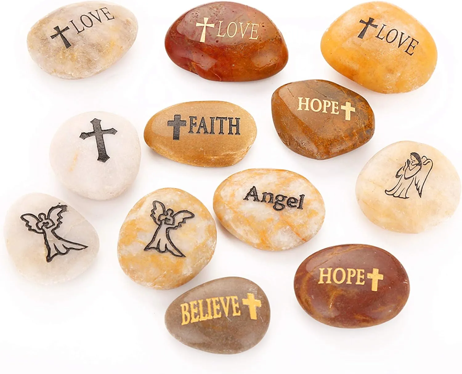 ROCKIMPACT 12PCS RockIpact Engraved Guardian Angel Stones Hope Love Faith Believe Inspiration Worry Healing Stones Novelty Serenity Prayer Rock, Pocket Sized Shiny Pebbles (Set of 12, Bulk Lot)