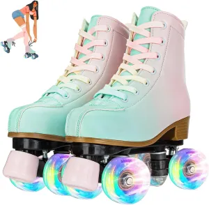 Roller Skates for Girls & Women, PU Leather Kids Light Up, Fantasy High-Top Adjustable Four Wheel Beginner Roller Skates, Ages 8-12, Indoor/Outdoor