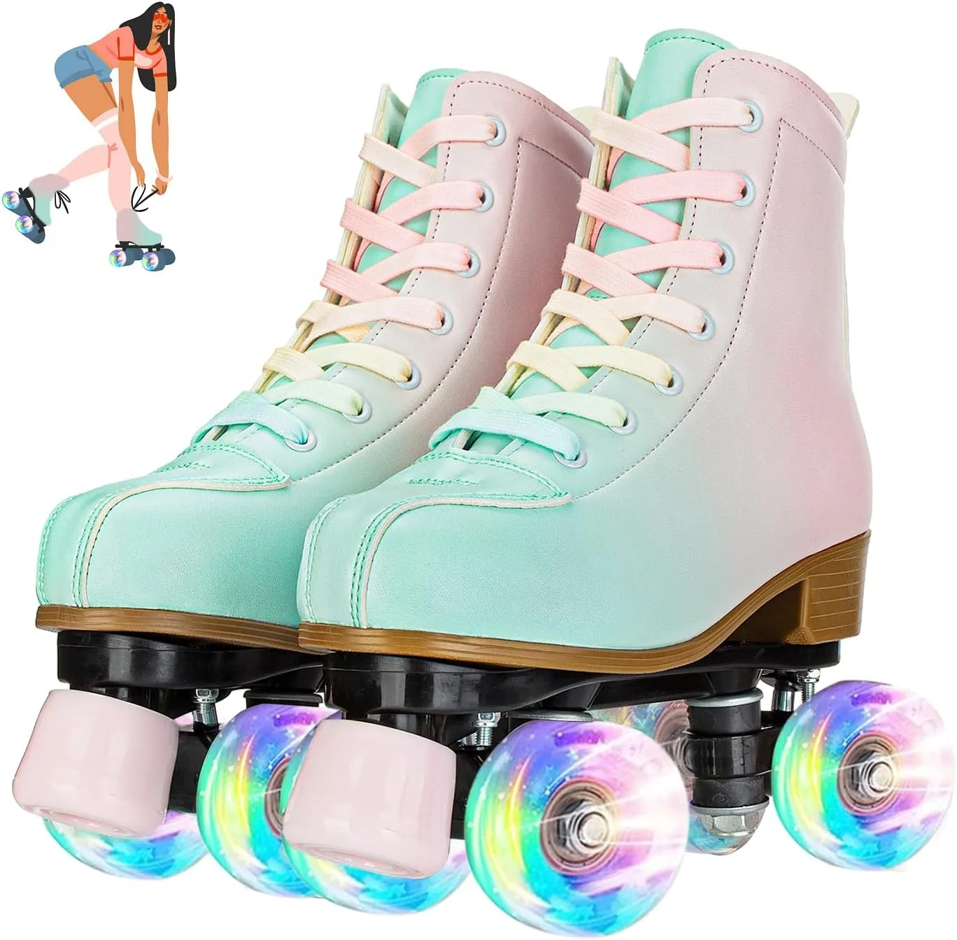 Roller Skates for Girls & Women, PU Leather Kids Light Up, Fantasy High-Top Adjustable Four Wheel Beginner Roller Skates, Ages 8-12, Indoor/Outdoor