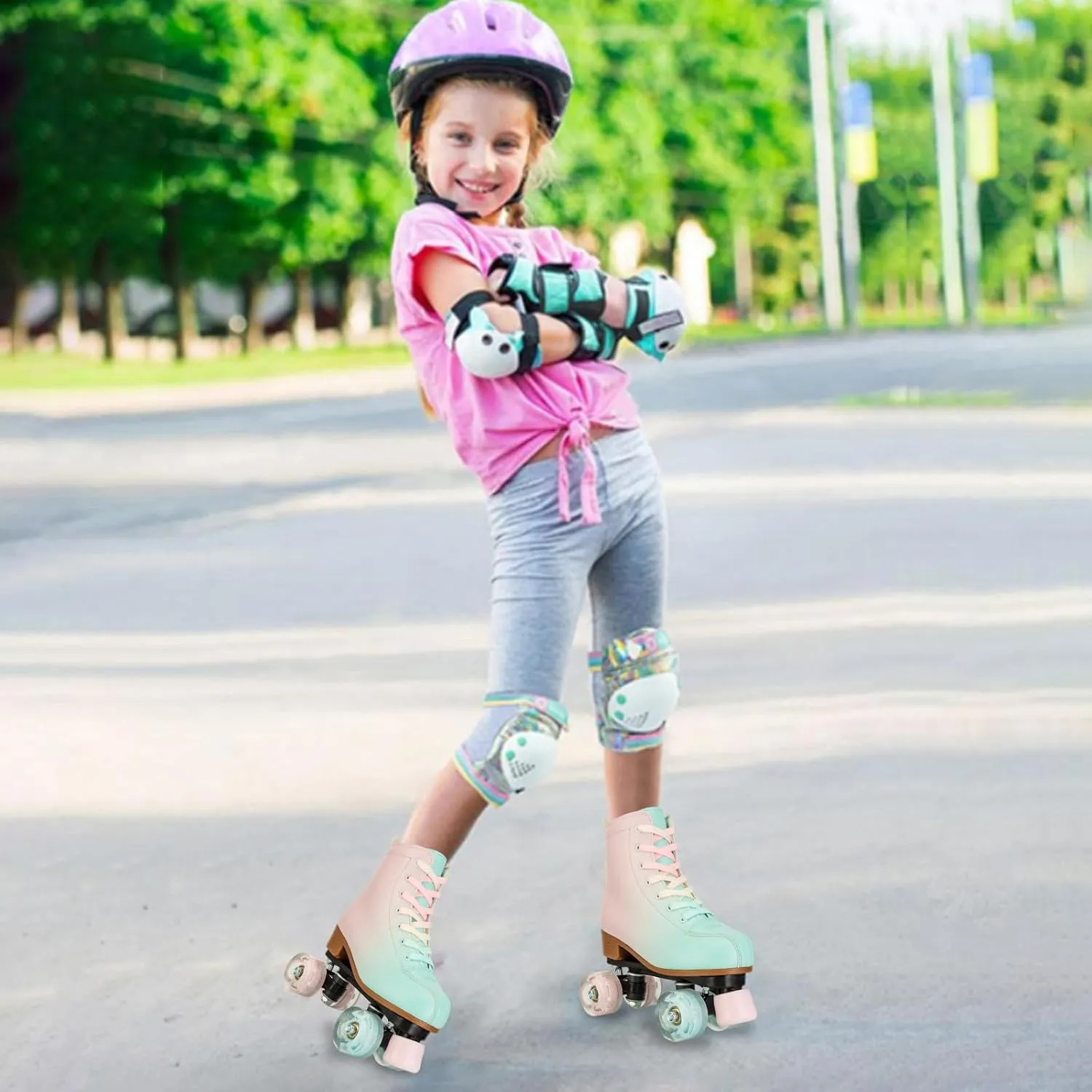 Roller Skates for Girls & Women, PU Leather Kids Light Up, Fantasy High-Top Adjustable Four Wheel Beginner Roller Skates, Ages 8-12, Indoor/Outdoor
