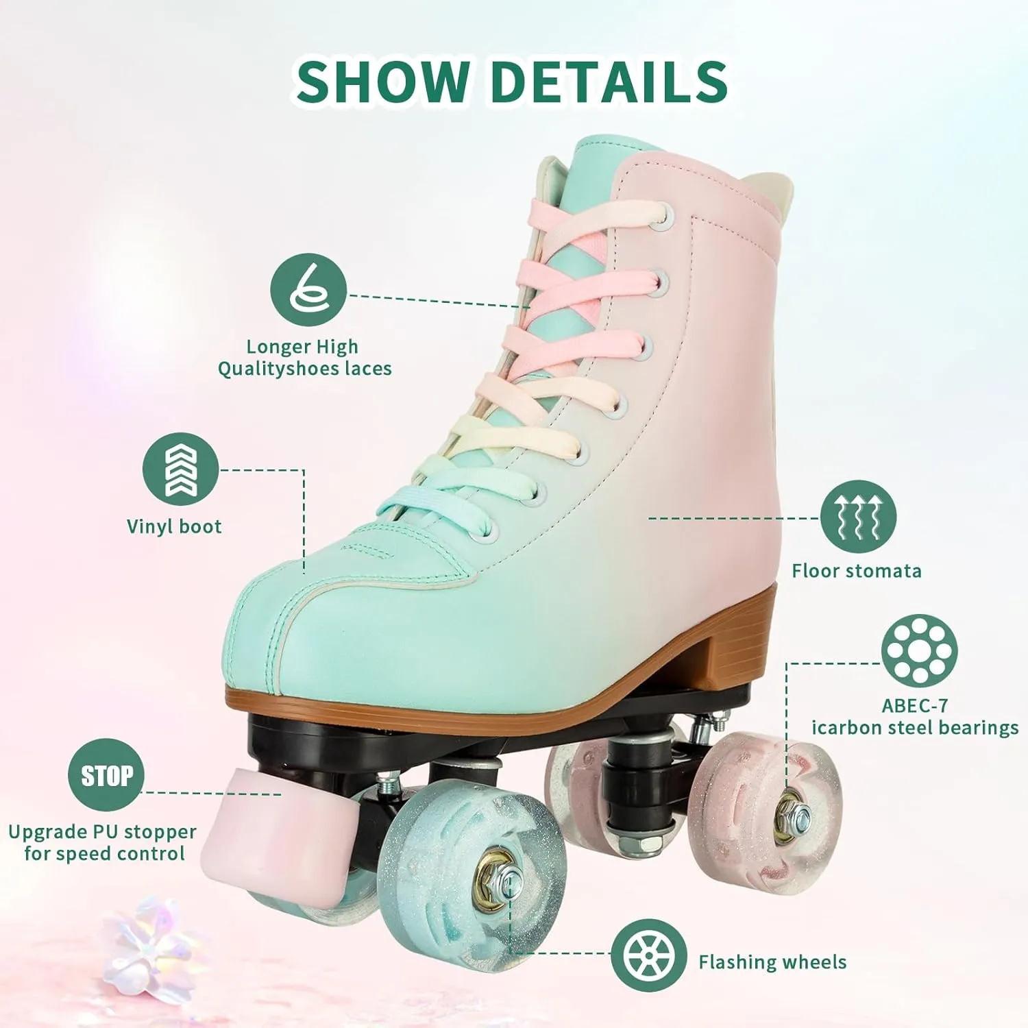 Roller Skates for Girls & Women, PU Leather Kids Light Up, Fantasy High-Top Adjustable Four Wheel Beginner Roller Skates, Ages 8-12, Indoor/Outdoor