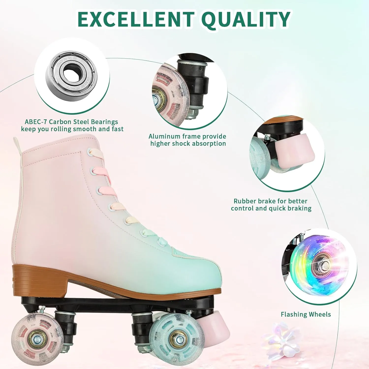 Roller Skates for Girls & Women, PU Leather Kids Light Up, Fantasy High-Top Adjustable Four Wheel Beginner Roller Skates, Ages 8-12, Indoor/Outdoor