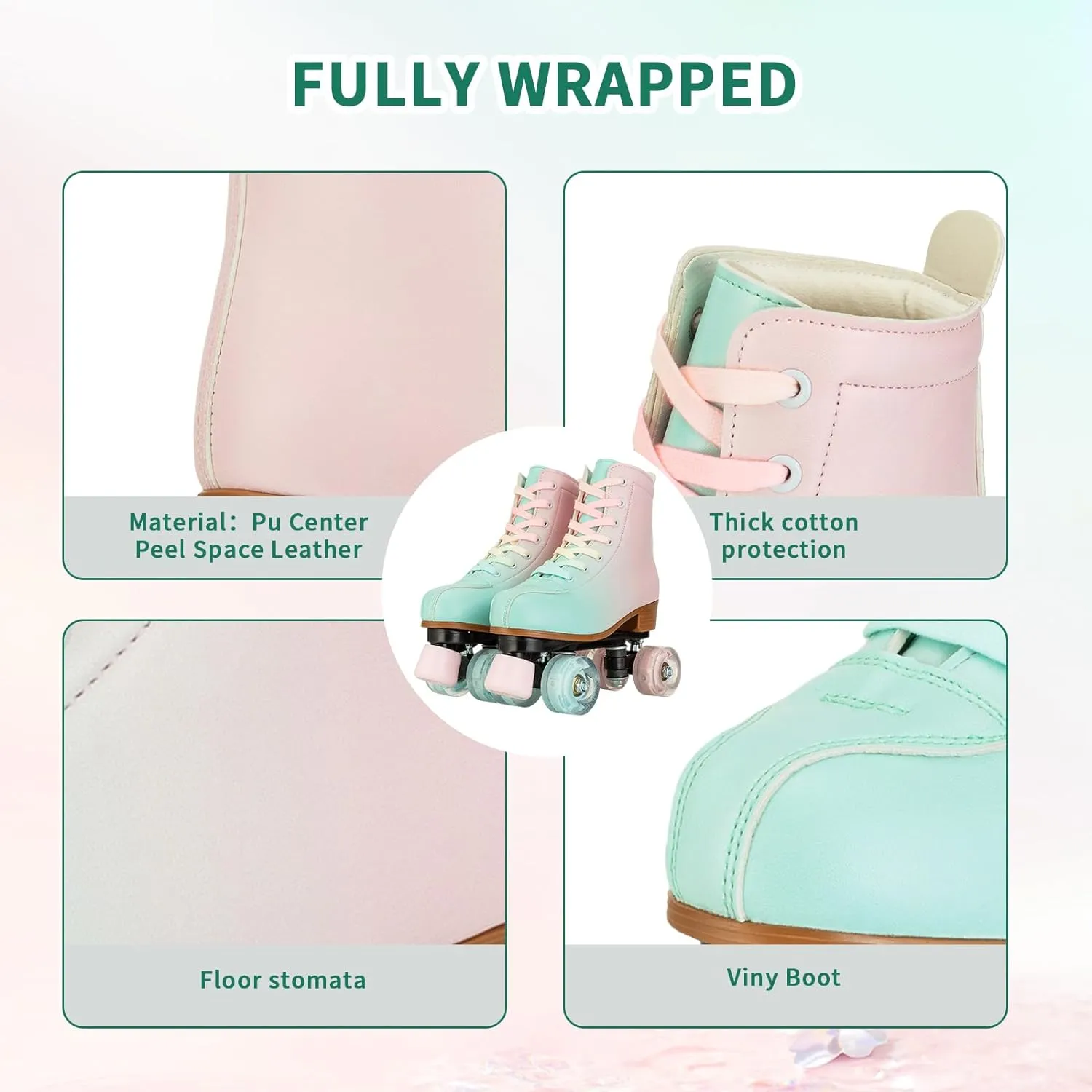Roller Skates for Girls & Women, PU Leather Kids Light Up, Fantasy High-Top Adjustable Four Wheel Beginner Roller Skates, Ages 8-12, Indoor/Outdoor