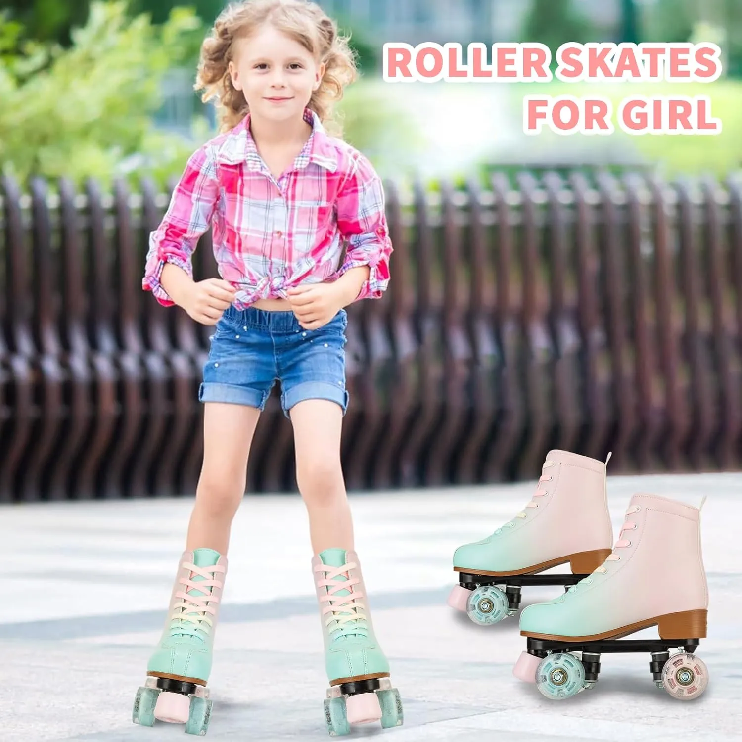 Roller Skates for Girls & Women, PU Leather Kids Light Up, Fantasy High-Top Adjustable Four Wheel Beginner Roller Skates, Ages 8-12, Indoor/Outdoor