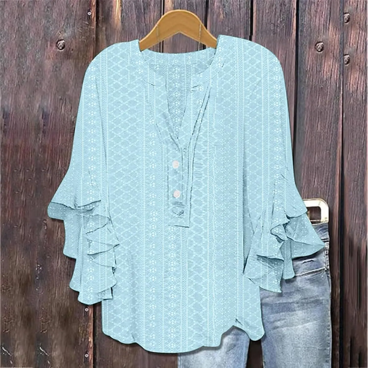 Ruffle 3/4 Length Sleeve Womens Tops, Summer Button V Neck Shirts Vintage Beach Eyelet Blouse Dressy Casual Tunics