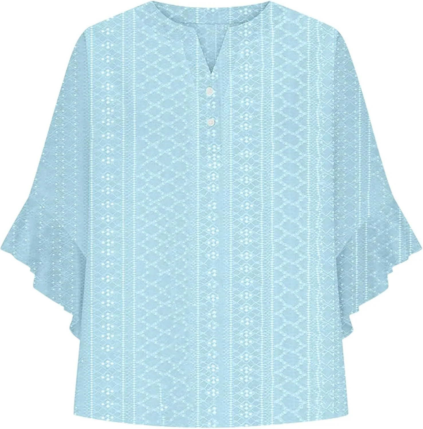 Ruffle 3/4 Length Sleeve Womens Tops, Summer Button V Neck Shirts Vintage Beach Eyelet Blouse Dressy Casual Tunics
