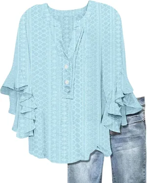Ruffle 3/4 Length Sleeve Womens Tops, Summer Button V Neck Shirts Vintage Beach Eyelet Blouse Dressy Casual Tunics
